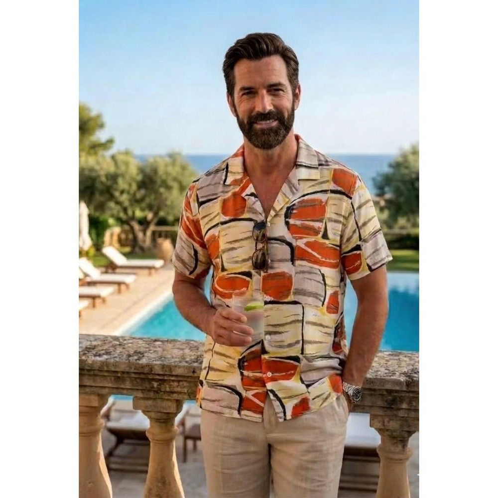 Venissac Mens Large Abstract Geometric Short Sleeve Button Up Camp Shirt Orange